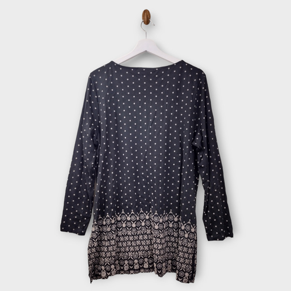 J Jill Shirt Womens XL Black Tan Floral Geometric Side Slits 3/4 Sleeve Pullover - Picture 2 of 4